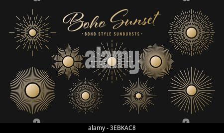 Vintage golden sunburst, sunset beams collection. Boho style, modern minimalist bohemian design. Hand drawn bursting sun, light rays. Logotype or Stock Vector