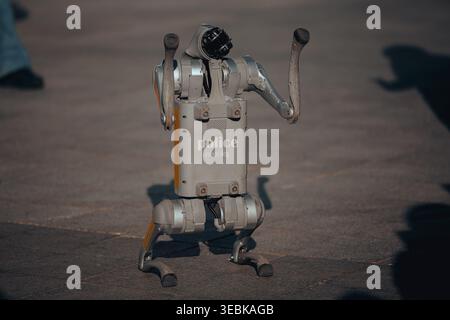 Small robot standing on urban street representing modern security technology automation and artificial intelligence in city environment Stock Photo