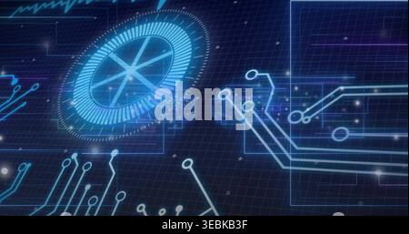 Rotating large glowing HUD pulsing over digital interface, with neon circuit traces and panels Stock Photo