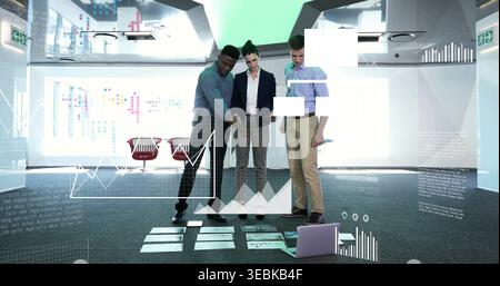 Collaborating three pros wearing shirts, blazer in office, examining charts with tablet, overlays Stock Photo