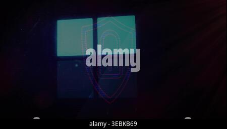 Glowing four-panel emblem displaying dotted neon shield and padlock on monitor, showing scanlines Stock Photo