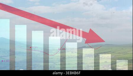 Displaying chart overlay on rolling hills, showing faint bars, red arrow and magenta trend line Stock Photo