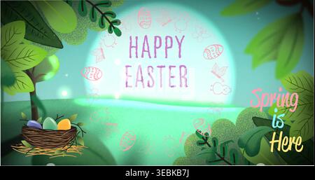 Showing centered purple HAPPY EASTER text glowing in spring meadow with woven nest holding 3 eggs Stock Photo