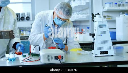Pipetting scientist in lab coat cap mask gloves transferring sample into tube at lab bench, pipette Stock Photo