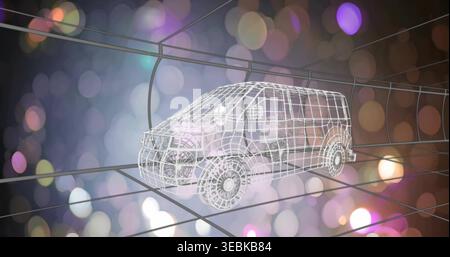 Displaying wireframe cargo van model rotating inside perspective grid, showing wheel hubs and bokeh Stock Photo