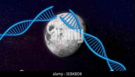Floating cratered Moon centered in dense star field, curving neon blue DNA helices and violet glow Stock Photo