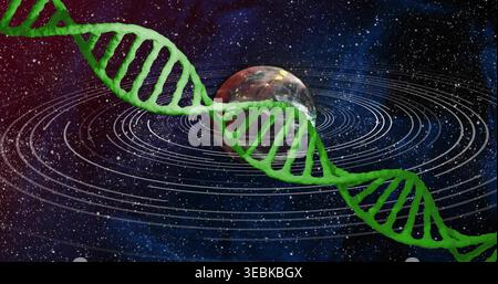 Displaying bright green DNA helix crossing diagonally in outer space, with planet and orbital rings Stock Photo
