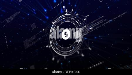 Showing central HUD with white dollar sign projecting rings and currency glyphs in data space Stock Photo