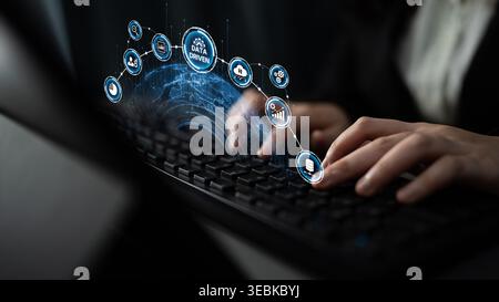 Data-driven decision-making empowers business through analytics, datum collection, and AI systems. Data driven tools support cloud data processing and Stock Photo