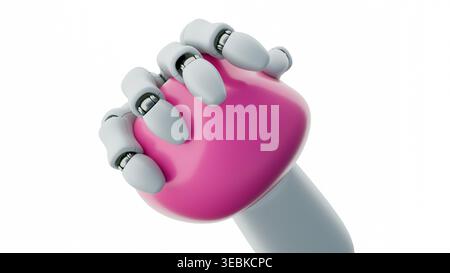 3d render of a white robotic hand squeezing a stress ball. It visualizes the concept of robotic tactile sensitivity and stress management Stock Photo