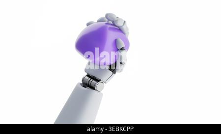 3d render of a white robotic hand squeezing a stress ball. It visualizes the concept of robotic tactile sensitivity and stress management Stock Photo