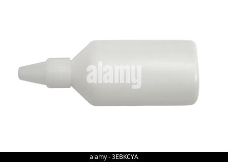 White plastic dropper bottle isolated on white background. Blank container for eye drop, medicine or cosmetic liquid. Packaging mockup for pharmaceuti Stock Photo