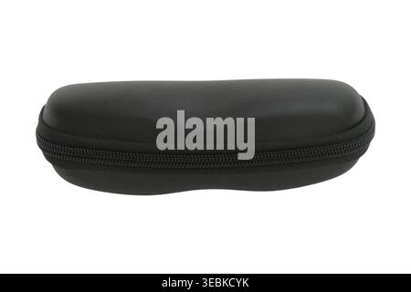 Black eyeglasses case isolated on white background. Protective hard shell container for storage and transport of optical eyewear. Accessory for glasse Stock Photo