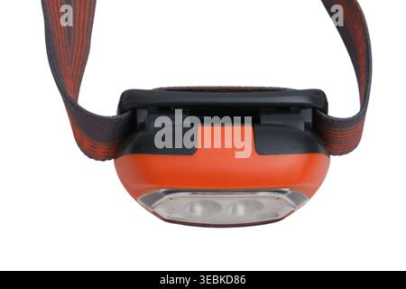 Headlamp for outdoor activities isolated on white background. Portable LED light with elastic strap for camping, hiking and caving. Practical equipmen Stock Photo
