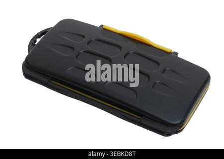 Plastic tackle box for fishing equipment. Small black storage container for lures and accessories on white background. Compact organizer case for angl Stock Photo