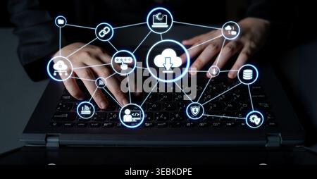 Cloud computing, cloud strategy, and cloud technology transforming digital infrastructure with scalable services, secure data storage, and cloud-based Stock Photo