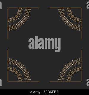 Elegant gold corner frame in mandala style with delicate ornamental details and thin line geometry. Symmetrical square border on dark background, suit Stock Vector