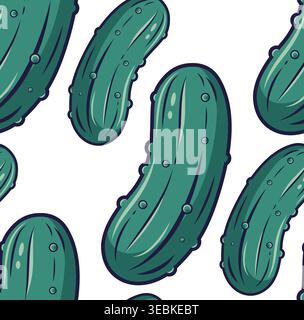 Vibrant green pickle pattern illustration with clean black outlines and subtle highlights, on isolated background. Ideal for food labels, educational Stock Vector