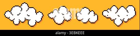 Four pixel game art clouds on yellow background. Stock Vector
