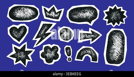 Crayon doodle scrapbook elements. Hand drawn cutout collage stickers. Collage oval, arrow and heart. Paper scrapbook vintage shape with crayon texture Stock Vector