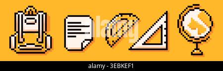 Back to School pixel art yellow elements. Backpack, globe, triangle ruler, protractor. Stock Vector