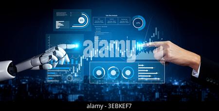 AI analyzing sales data dashboard, visualizing performance metrics, detecting trends, and generating insights to improve financial outcomes and Stock Photo
