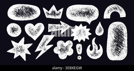 Crayon doodle sticker shape set. Hand drawn oval, heart, star icons. White chalk texture. Graphic element for fun collage. Kid sketch drawing. Vector Stock Vector