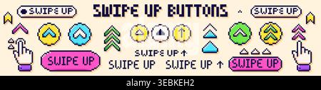 Pixel art swipe up color buttons and arrows. Stock Vector