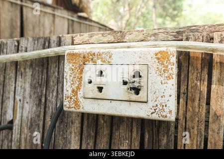 Neglected old rusty electrical outlet socket mounted on dirty wooden wall presenting dangerous concerning situation with exposed wiring and severely d Stock Photo