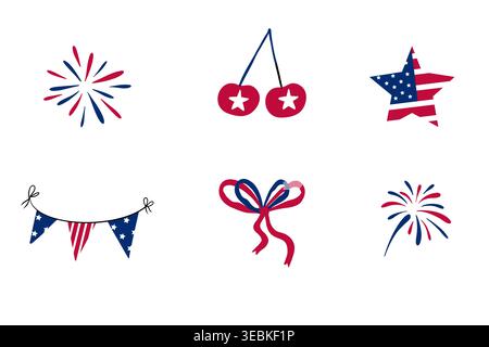 4 of July Elements icon set American flag colors. Celebration holiday icons for decoration. Bow, fireworks, flag Clipart. American Independence Day . Vector illustration Stock Vector
