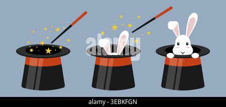 Cute white bunny emerging from a magician s black top hat with wand and sparkling stars. magic rabbit in hat illustration. Bunny coming out of magicia Stock Vector