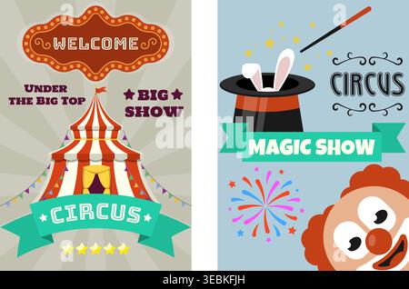 Colorful circus themed illustration featuring a big top tent, magician hat with rabbit, fireworks, and a playful clown character. Circus magic show po Stock Vector