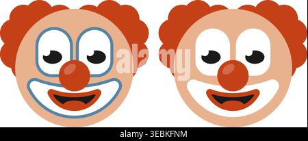 Bright and playful flat vector illustration featuring two smiling clown faces with red noses and orange hair. Colorful cartoon characters isolated on Stock Vector