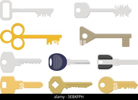 Flat vector illustration featuring a collection of vintage and modern keys in different shapes and styles. Minimal design isolated on a light backgrou Stock Vector