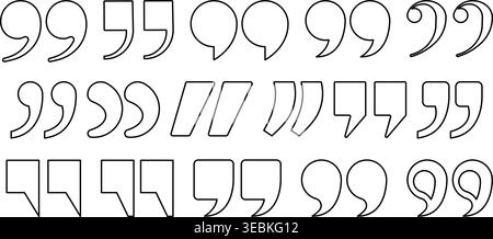A modern outline quotation marks icon set featuring multiple linear typographic styles. Clean black stroke punctuation symbols isolated on white backg Stock Vector