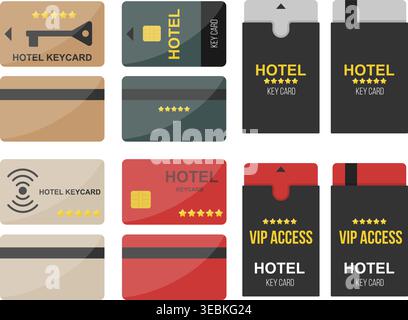 Flat vector set of hotel key cards and electronic access devices, including RFID cards, room entry badges, and smart lock symbols. Ideal for hospitali Stock Vector