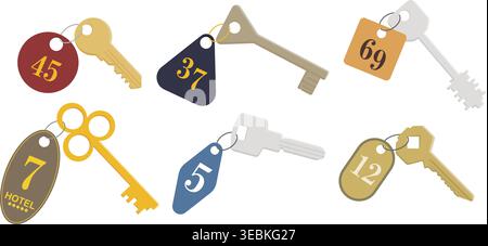 Vintage Hotel Room Keys with Number Tags Vector Set. Hotel Room Keys Collection with Retro Numbered Tags. Hotel room keys vector. House key icon set. Stock Vector