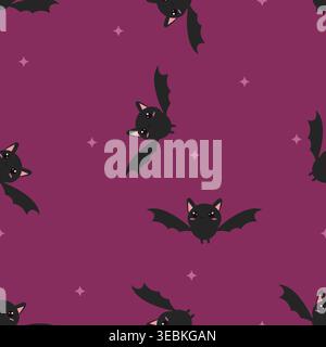 Seamless Halloween pattern featuring cute kawaii bats flying with small stars on purple background. Perfect for fabric, wallpaper, wrapping paper, and Stock Vector