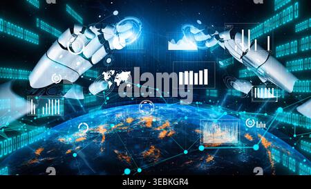 This image showcases a futuristic scene of human-machine collaboration, illustrating digital data visualization over Earth, symbolizing innovation and Stock Photo