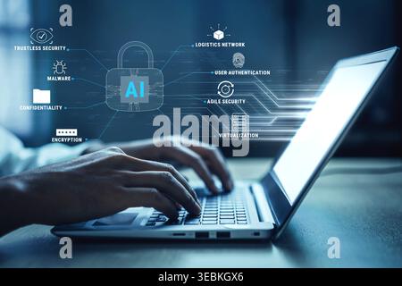 The role of AI in cybersecurity for advanced threat protection and data security. Using AI for malware detection, encryption, and user authentication Stock Photo
