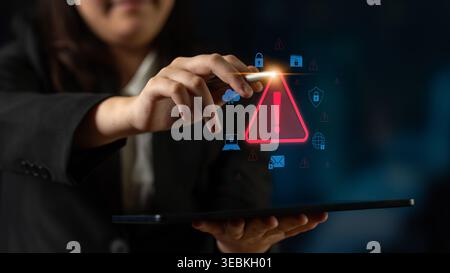 Cybersecurity threat alert protects data. Cyber security threat alert prevents access, alert warns breach, defends system, and cyber security threat Stock Photo