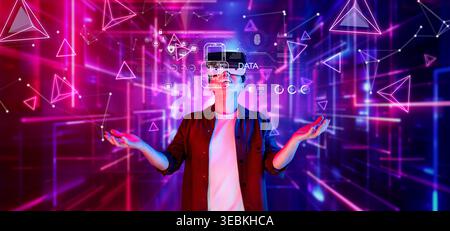 Explore a vibrant virtual reality scene showcasing cybersecurity themes with dynamic geometric shapes and a sleek digital interface representing data Stock Photo