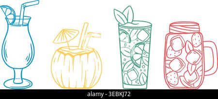 Hand-drawn set of summer refreshing drinks. Cocktails, soda, and smoothies in doodle style. Colored silhouettes of glasses filled with liquid. Vector Stock Vector