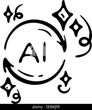 AI update icon for smart system synchronization and automated data processing cycle. Hand drawn doodle illustration of refresh arrows with stars. Stock Vector