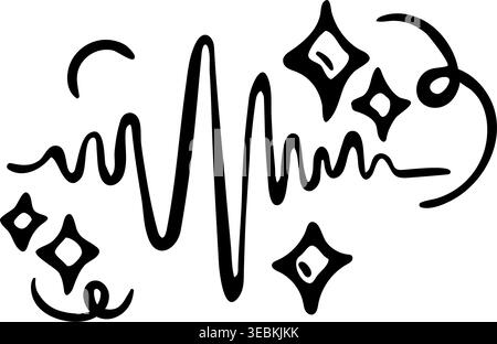 AI audio wave icon for smart voice recognition and automated sound generation. Hand drawn doodle illustration of soundwave with magic sparkles. Stock Vector