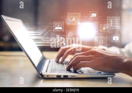 Zero trust model enhances data protection. Zero trust blocks unauthorized access, secures devices, zero trust defends networks, and zero trust Stock Photo