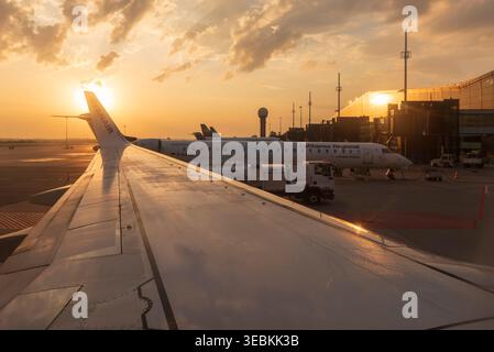 Gdansk, Poland - September 7, 2018: View of the Gdansk airport from the Ryanair plane Stock Photo