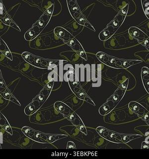 Pattern of hand-drawn green pea pods on black background in chalkboard sketch style for restaurant menu design, gourmet food packaging and luxury text Stock Vector