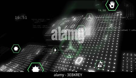 Displaying central dotted panels in cyberspace, showing binary code and neon green hex icons Stock Photo