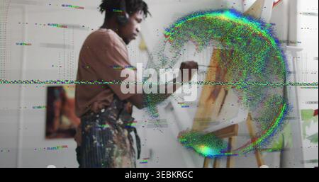 Painting adult man holding brush wearing apron headphones in studio with easel glitch, copy space Stock Photo